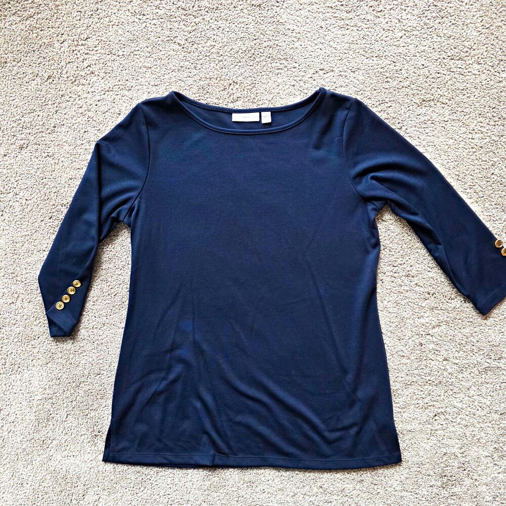 Susan Graver Ponte Knit Boatneck Top S Gold Buttons Navy Blue 3/4 Sleeve